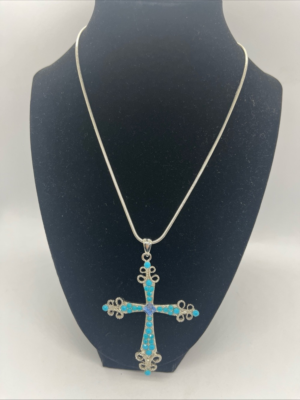 Cross Necklace Silver Tone Faux Turquoise Beads Scroll Snake Chain 16 Inches